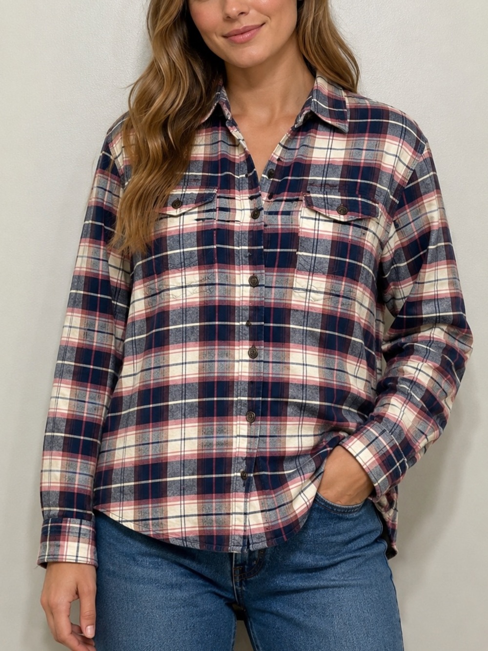 Tilley Organic Cotton Plaid Flannel Button Down Shirt Top Pink Blue XL